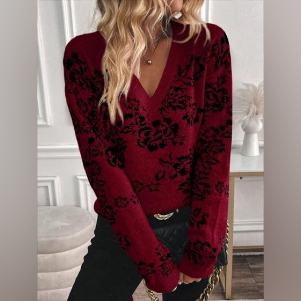 Red and Black Floral V-Neck Sweater